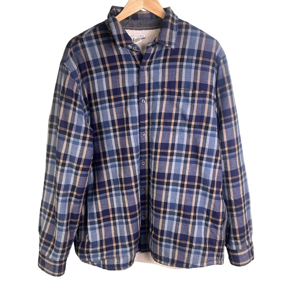 Carbon 2 Cobalt Heavy Insulated Sherpa Blue‎ Check Flannel Shacket Large Men/s